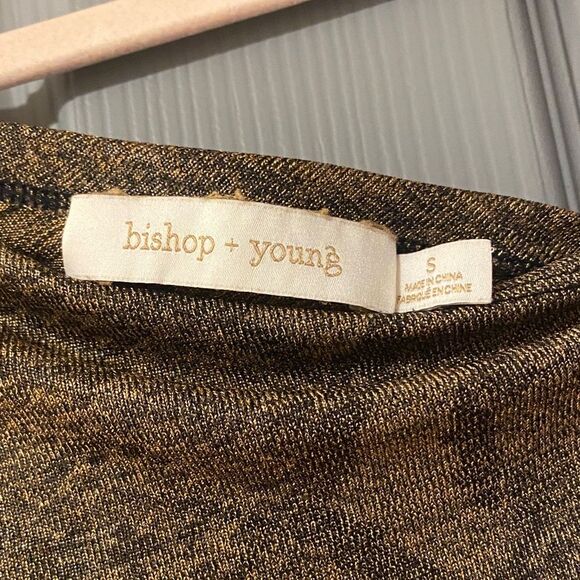 Brown Champagne Gold One-Shoulder Snake print shiny sleeve Bishop + Young Top S - Picture 2 of 3